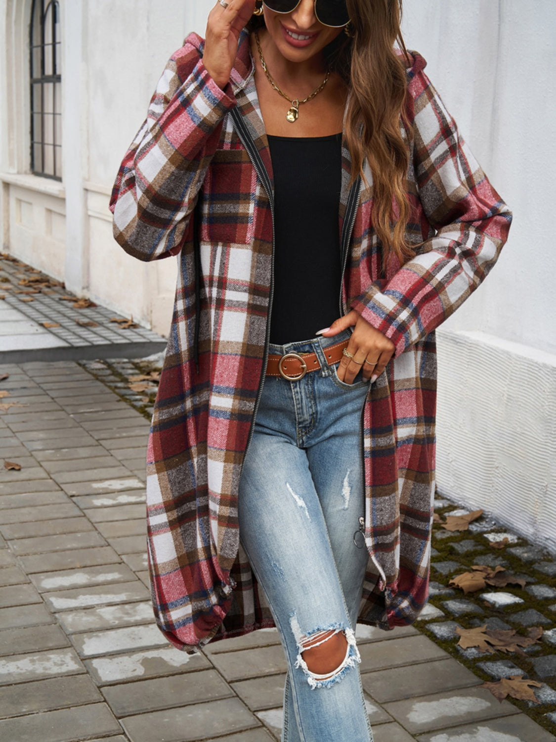 Plaid Zip Up Hooded Top