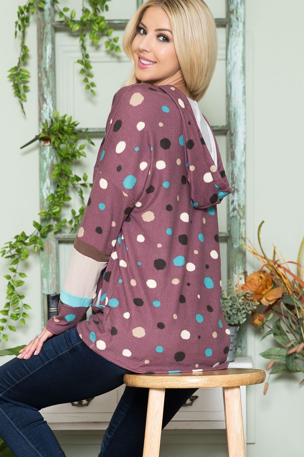 Polka Dot Drawstring Hoodie - Plum Purple