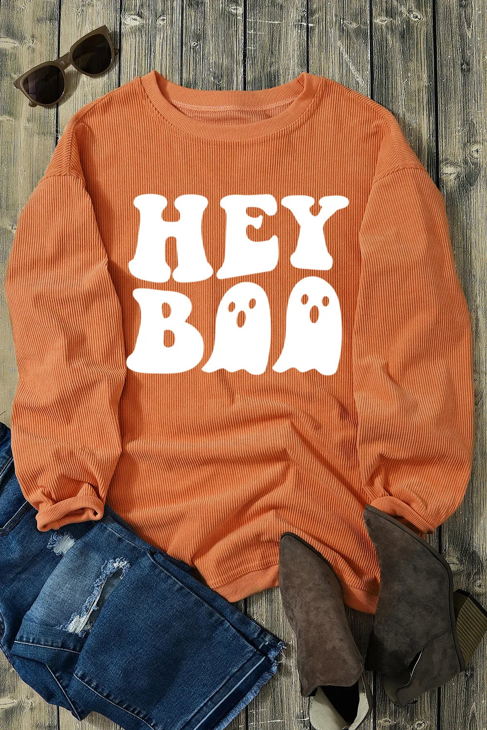 Hey Boo Graphic Round Neck Long Sleeve Sweatshirt