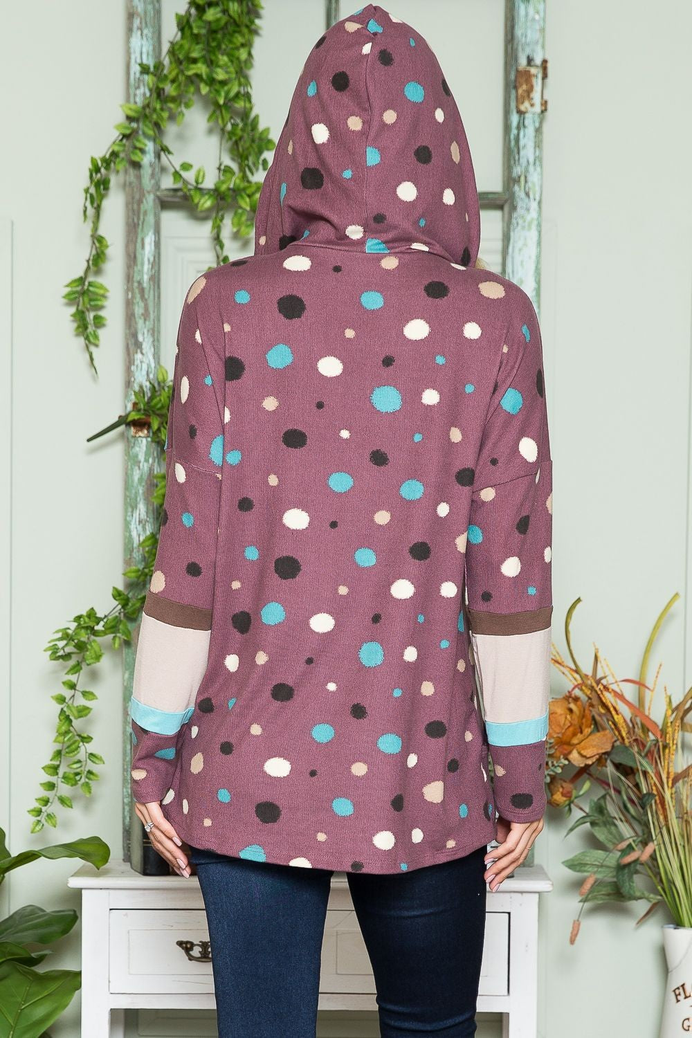 Polka Dot Drawstring Hoodie - Plum Purple