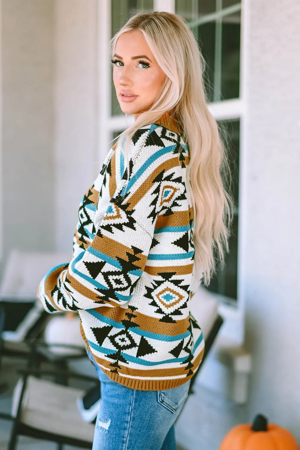 Geometric Round Neck Long Sleeve Sweater