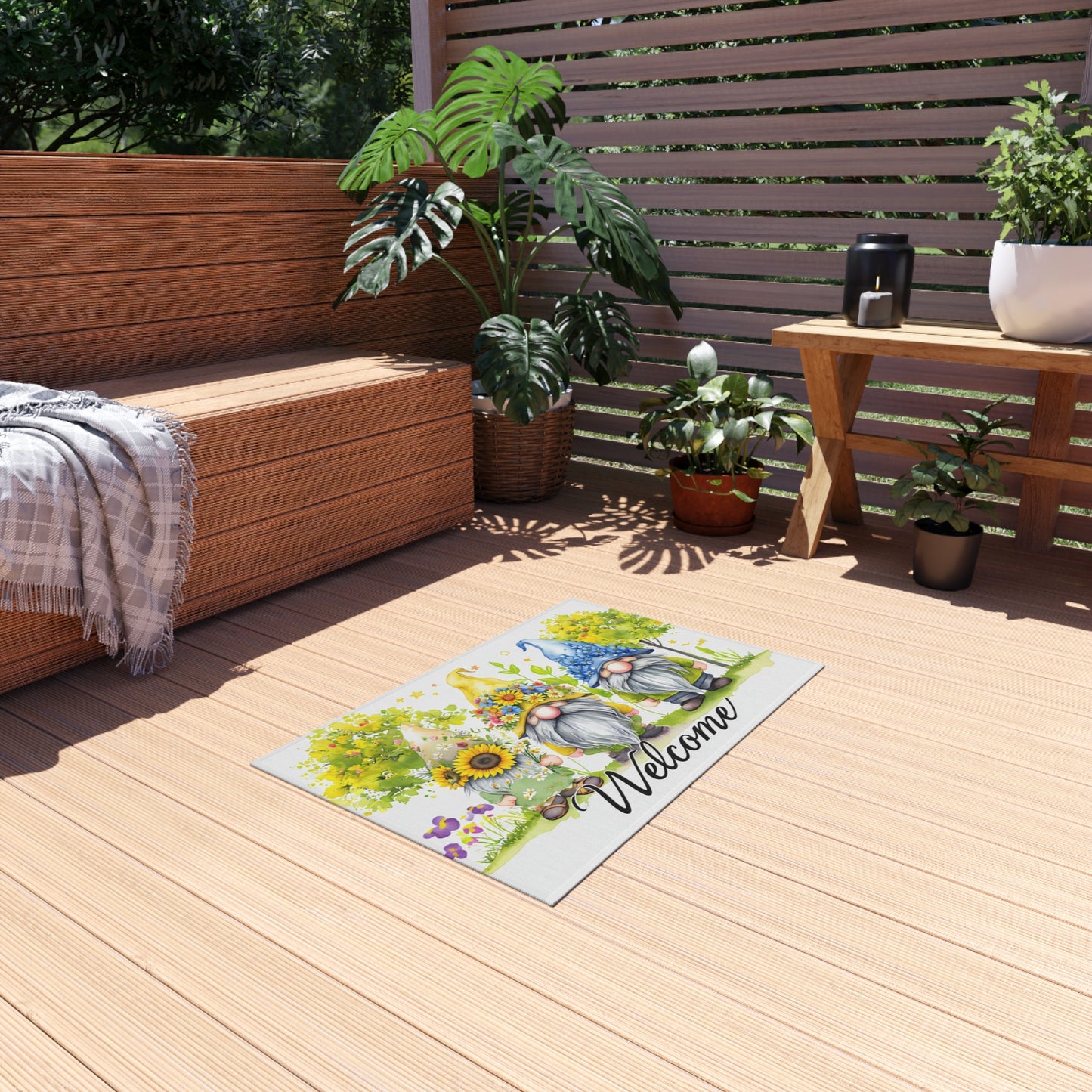 Summer Floral Welcome Gnome Outdoor Rug