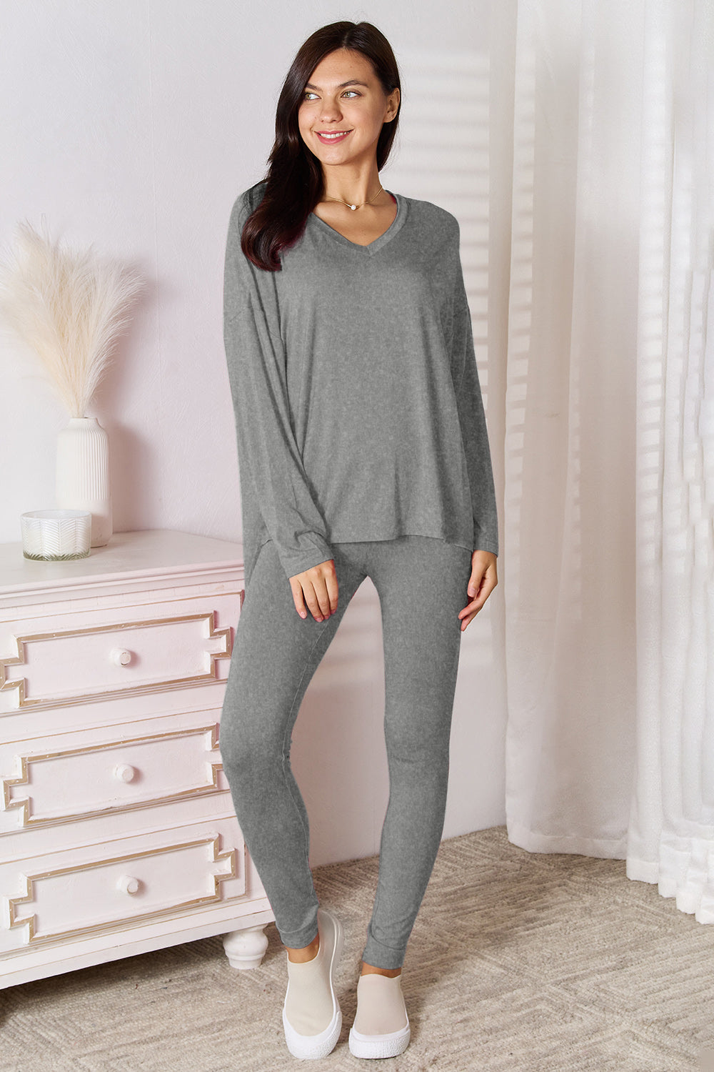 Bamboo V-Neck Long Sleeve Top and Pants Lounge Set