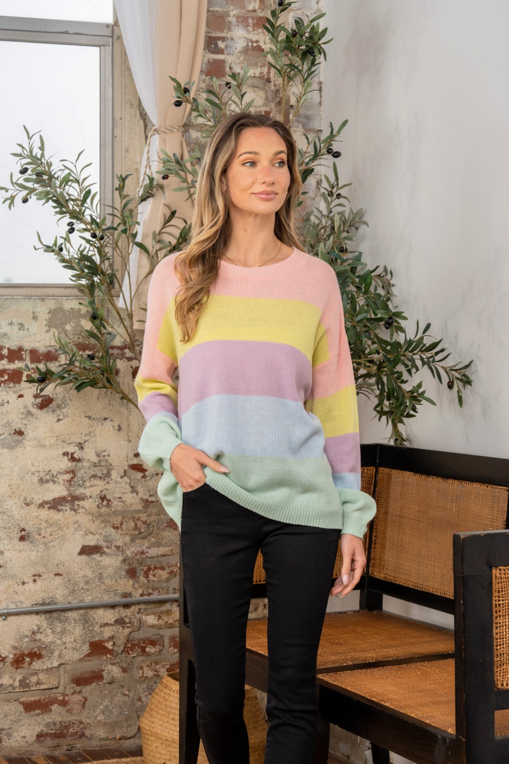 Color Block Round Neck Dropped Shoulder Sweater