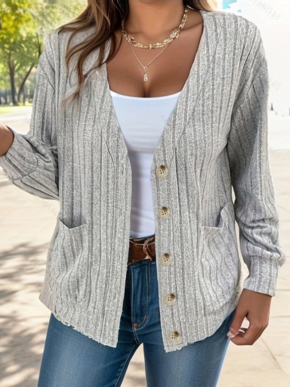 Button Up V-Neck Long Sleeve Cardigan