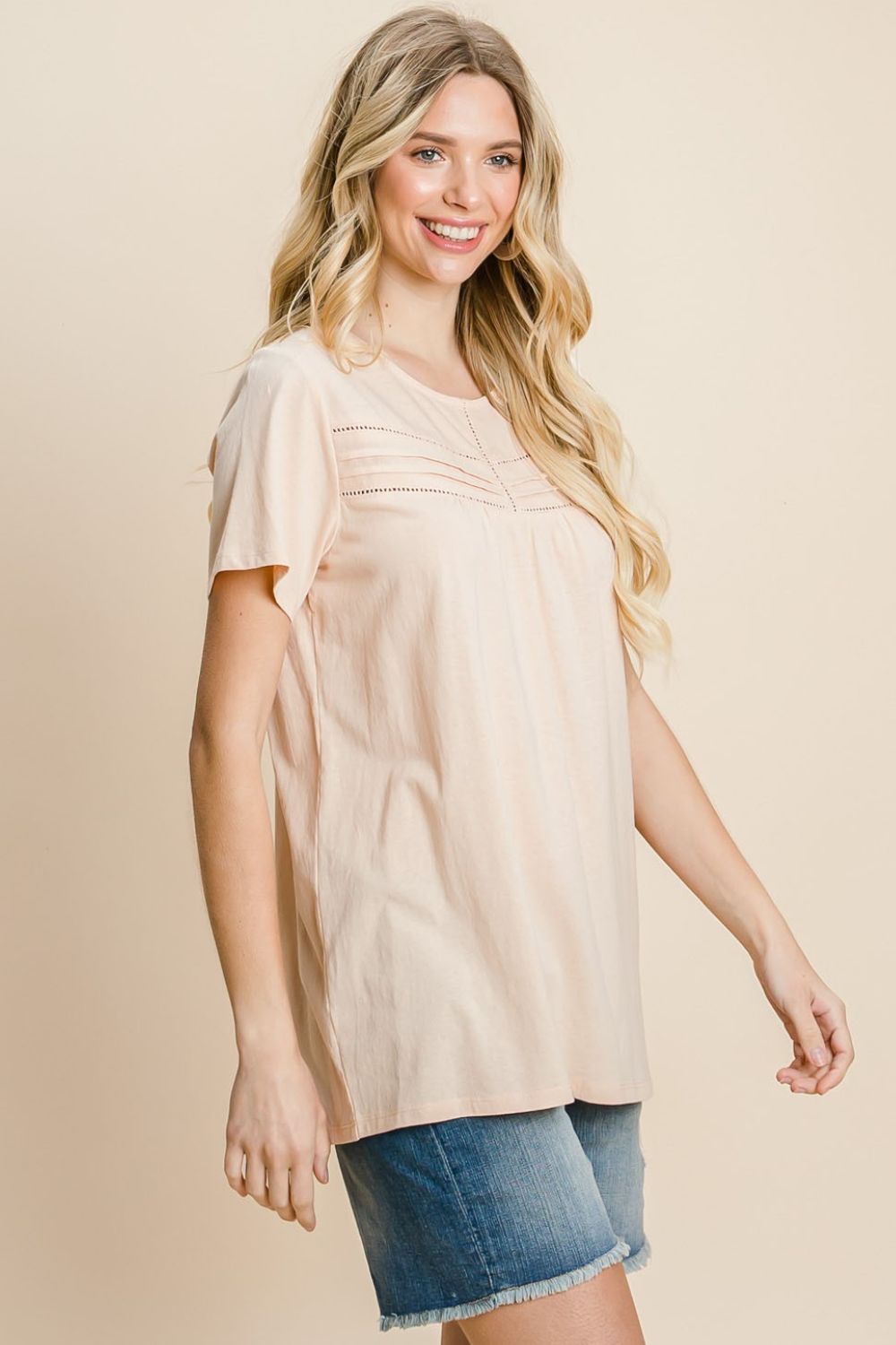 Eyelet Round Neck Short Sleeve T-Shirt