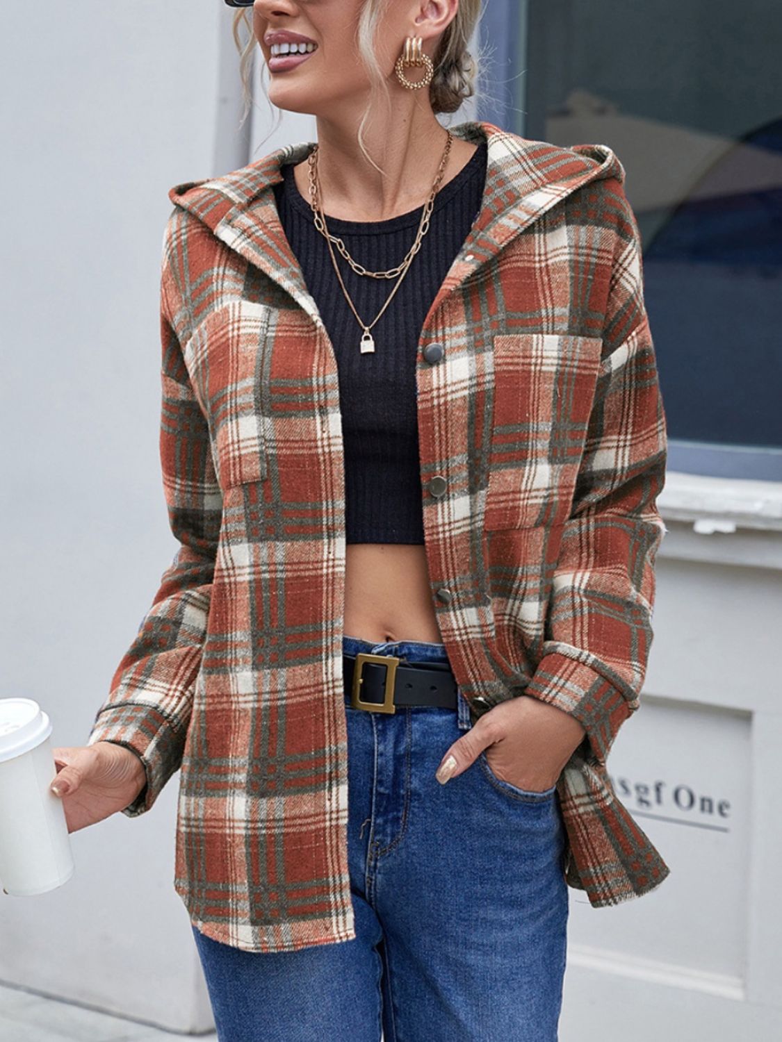 Plaid Button Up Long Sleeve Hooded