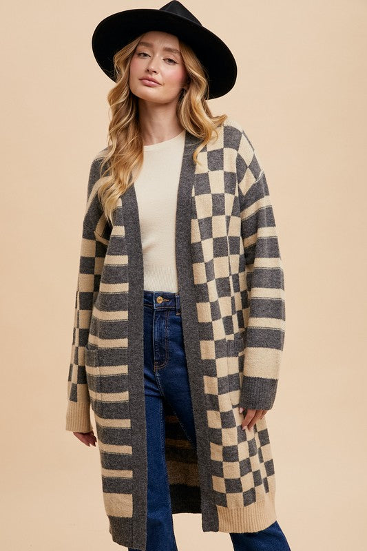 ZsaZsa Checkered & Striped Open Front Long Sleeve Cardigan