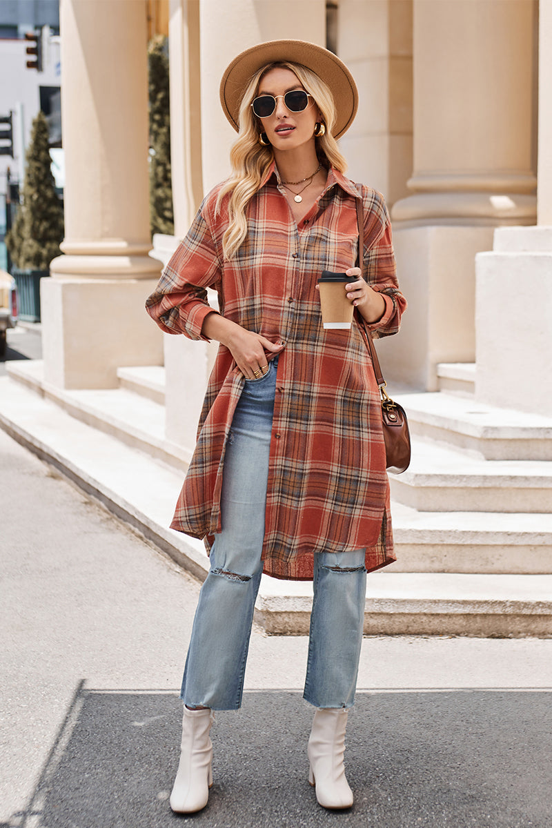 Plaid Collared Neck Long Sleeve Coat