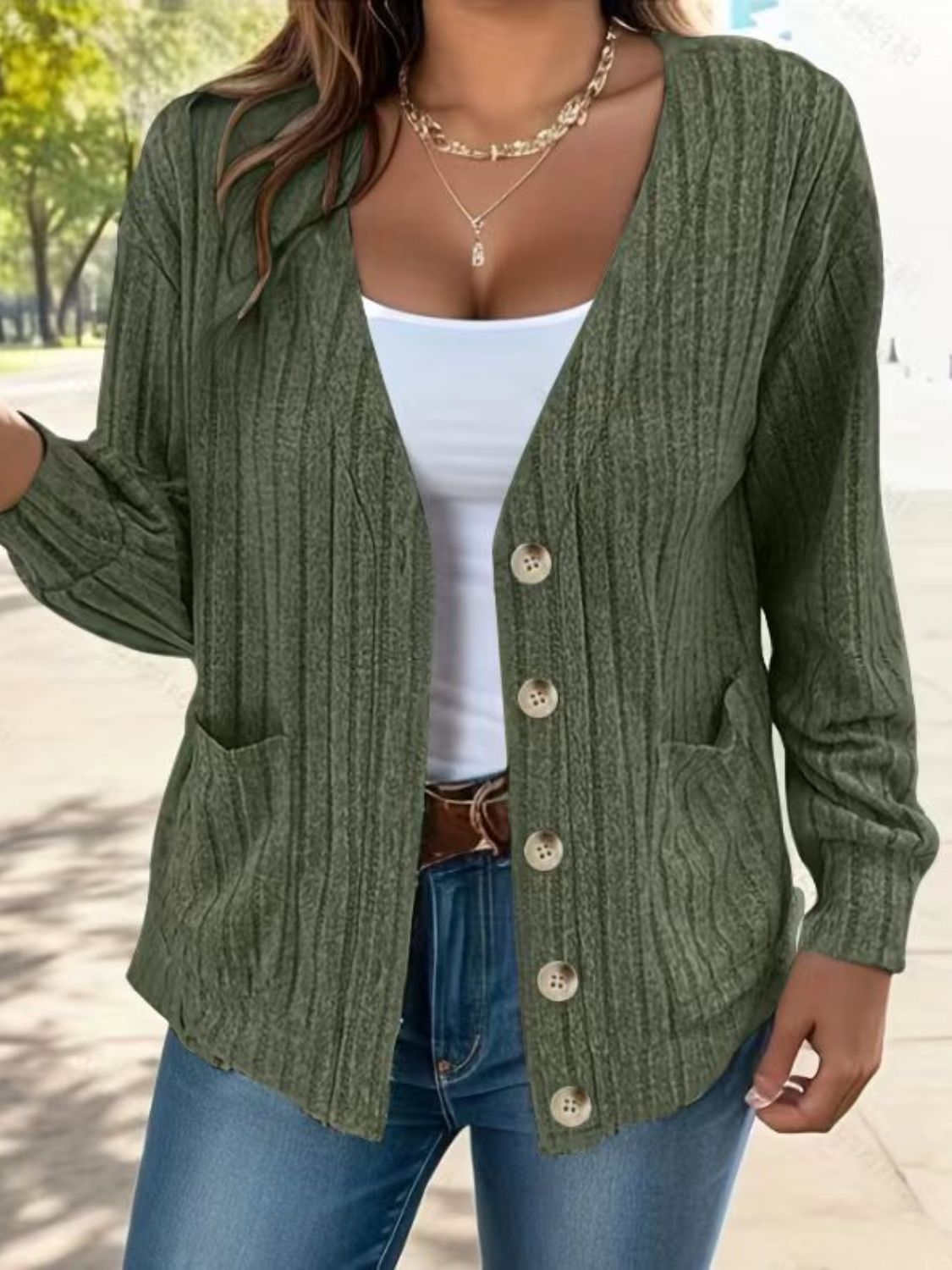 Button Up V-Neck Long Sleeve Cardigan