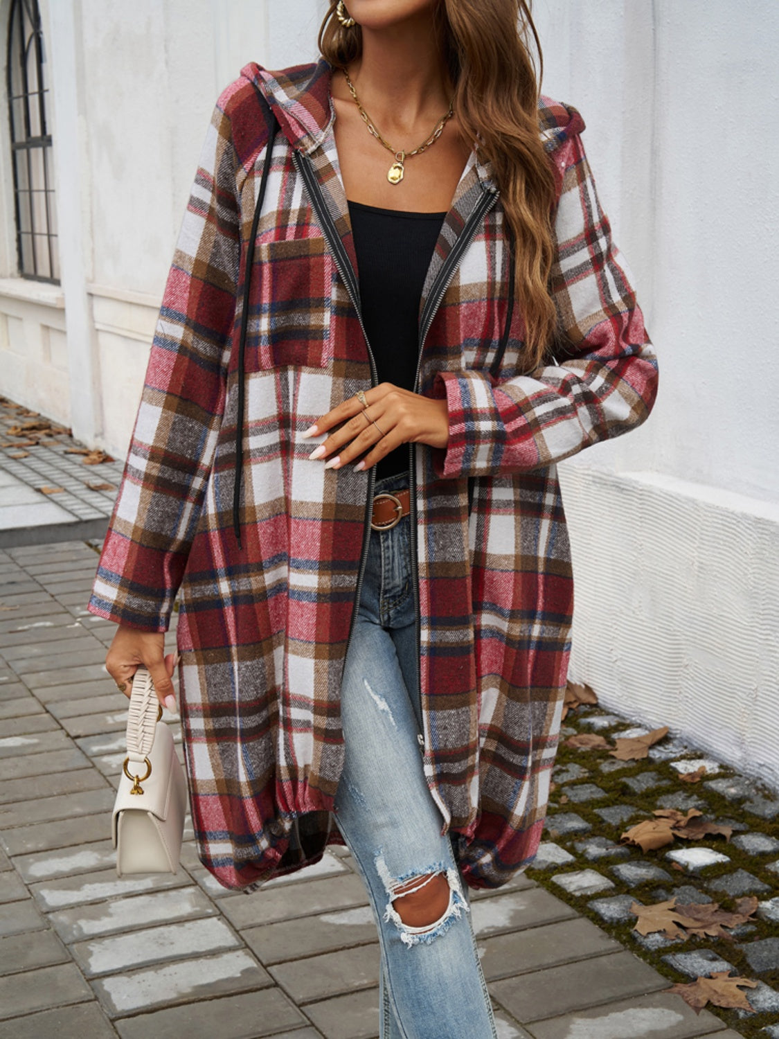 Plaid Zip Up Hooded Top