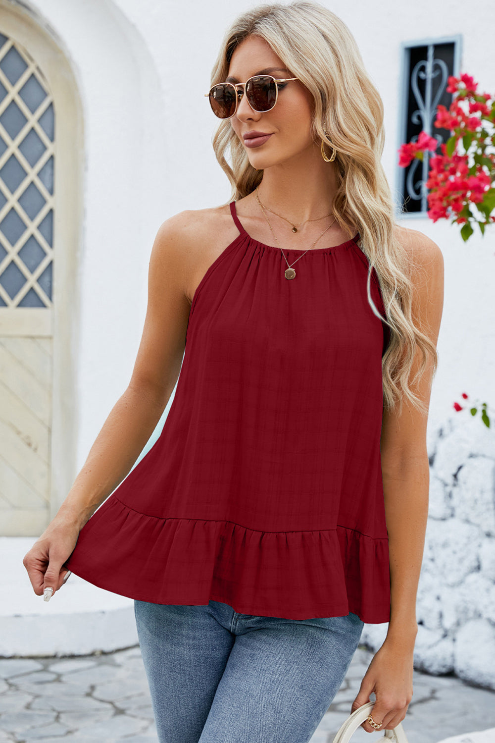 Tied Ruffled Round Neck Cami