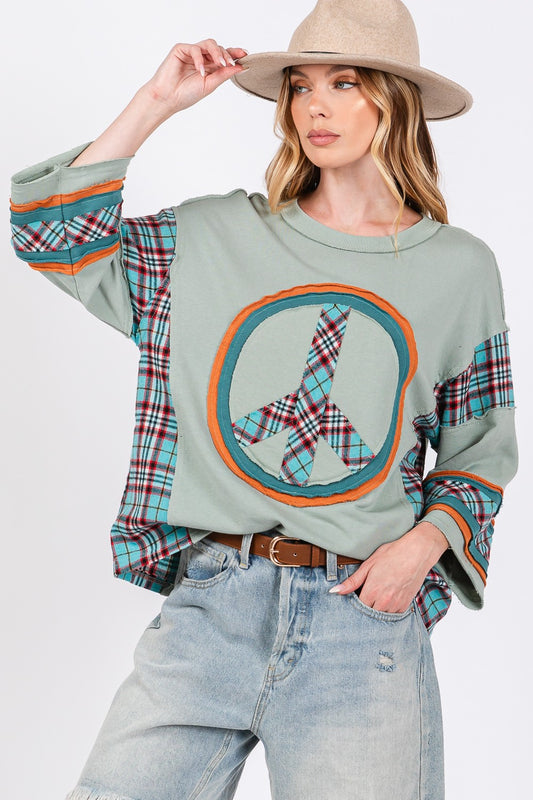 Peace Applique Patch Contrast Plaid Top - Autumn Sage