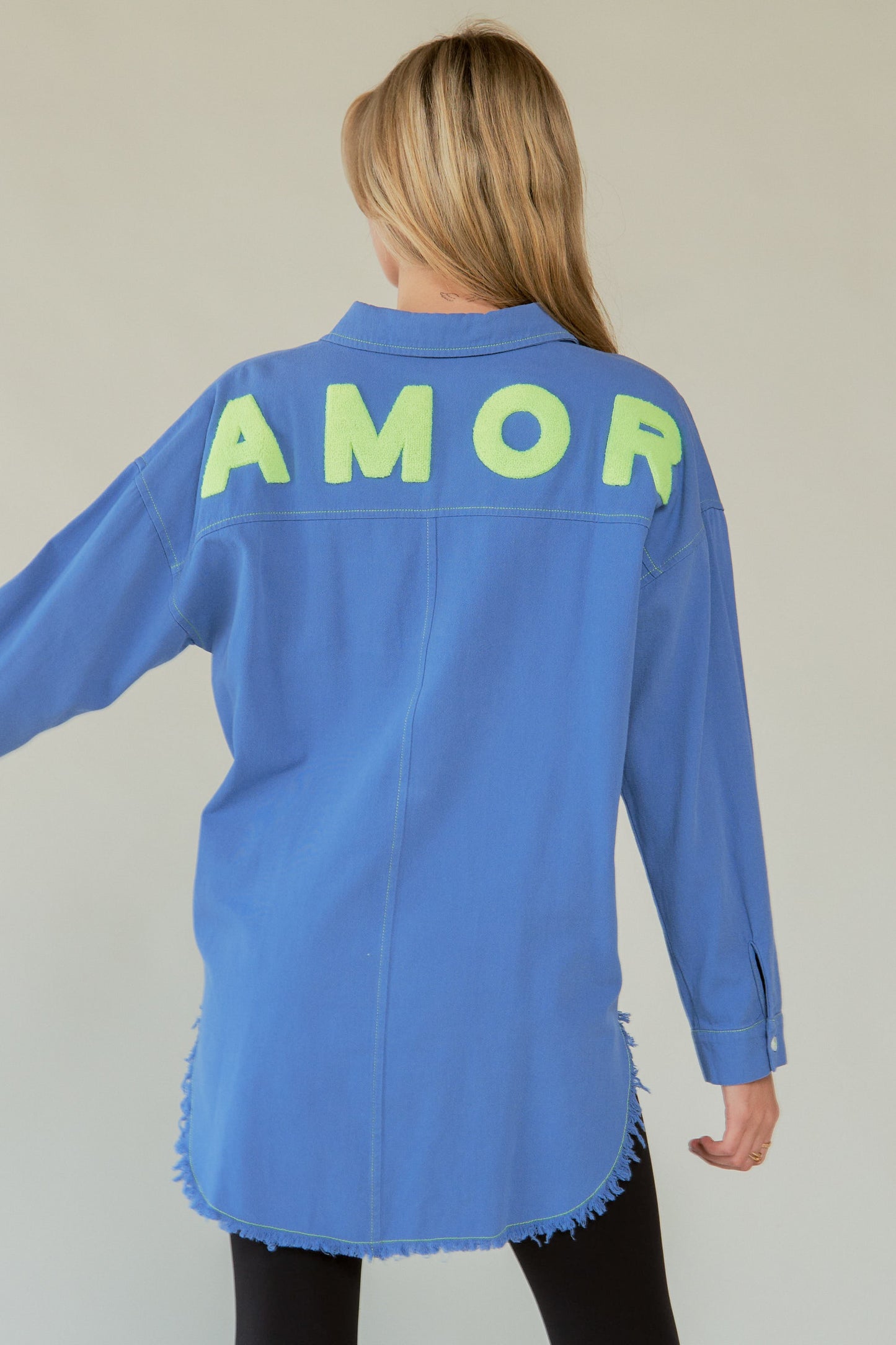 AMOR Letter Back Raw Hem Half Button Shirt