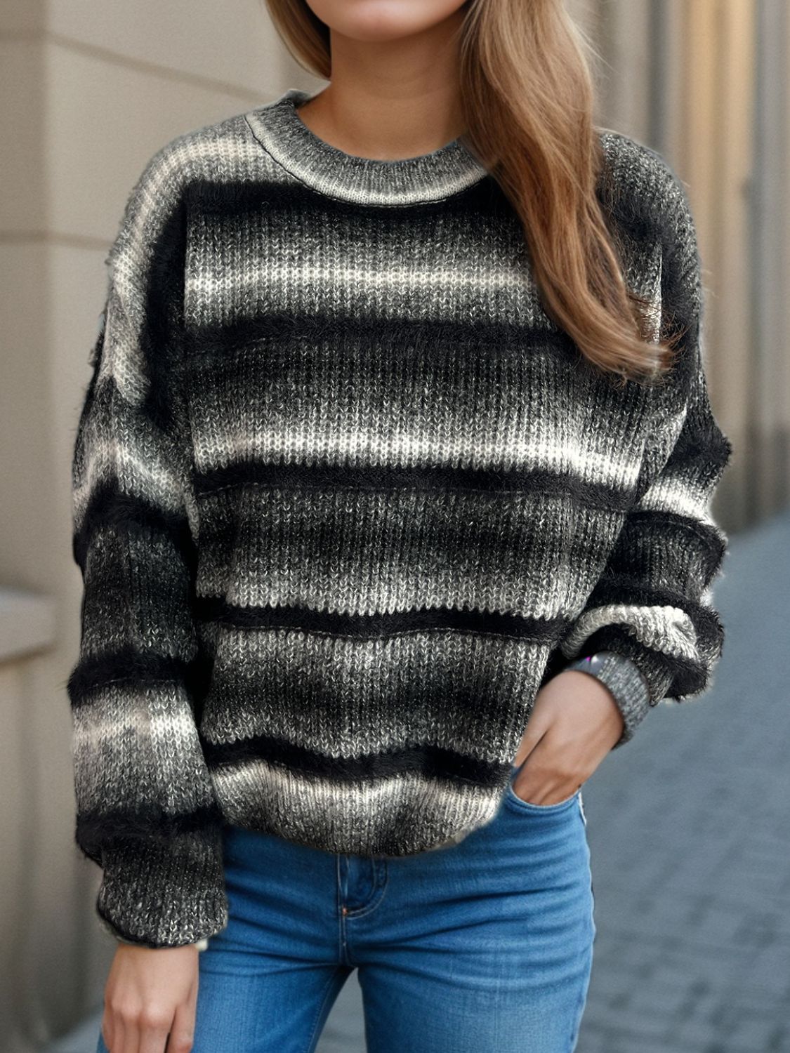 Out of Focus Gradient Round Neck Dropped Shoulder Sweater