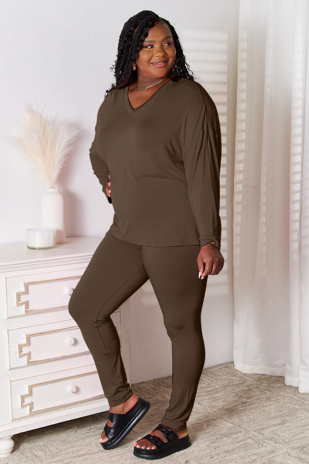 Bamboo V-Neck Long Sleeve Top and Pants Lounge Set