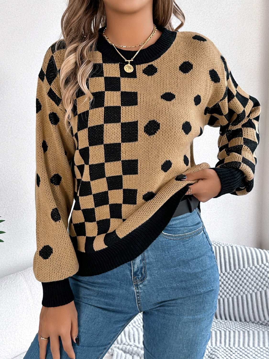 Plaid Round Neck Long Sleeve Sweater