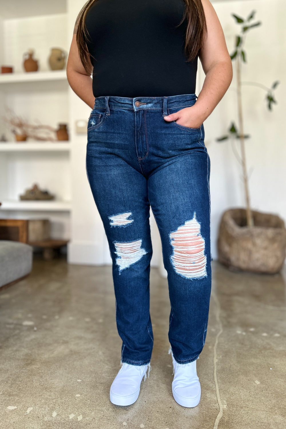 Judy Blue High Waist Rigid Magic Heavy Destroy Straight Jeans