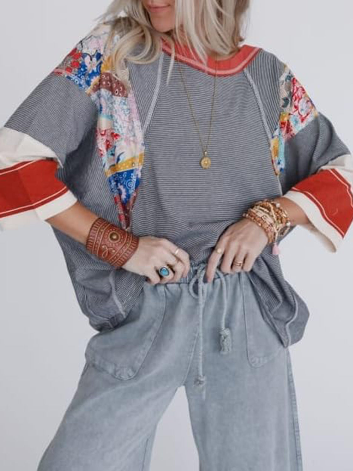 Color Block Printed Three-Quarter Sleeve Top