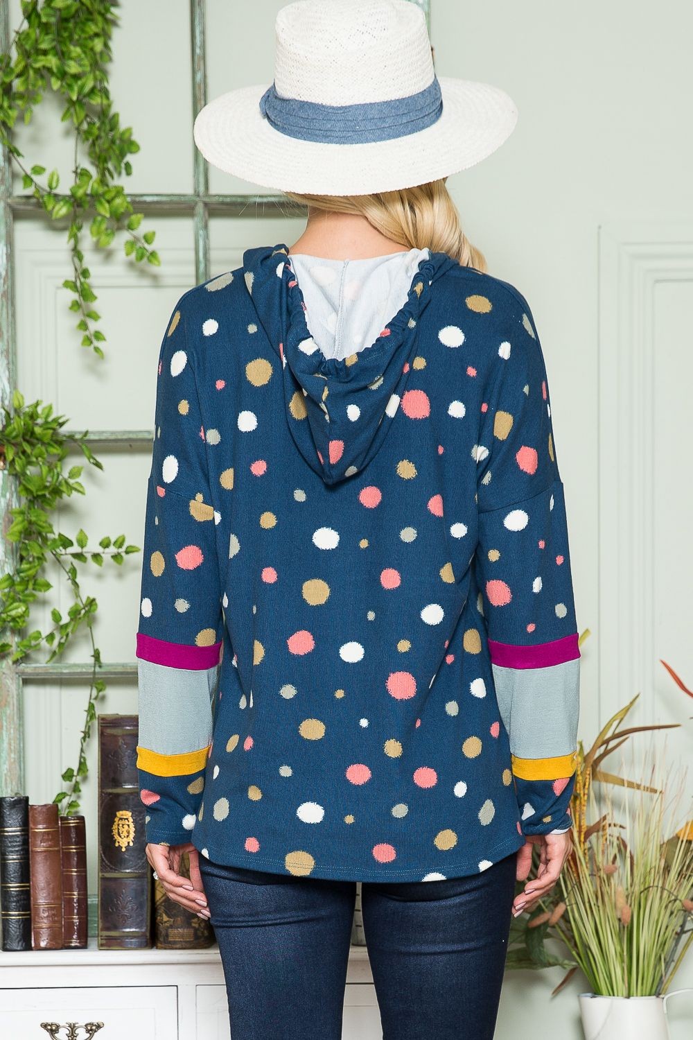 Polka Dot Drawstring Hoodie -  Navy