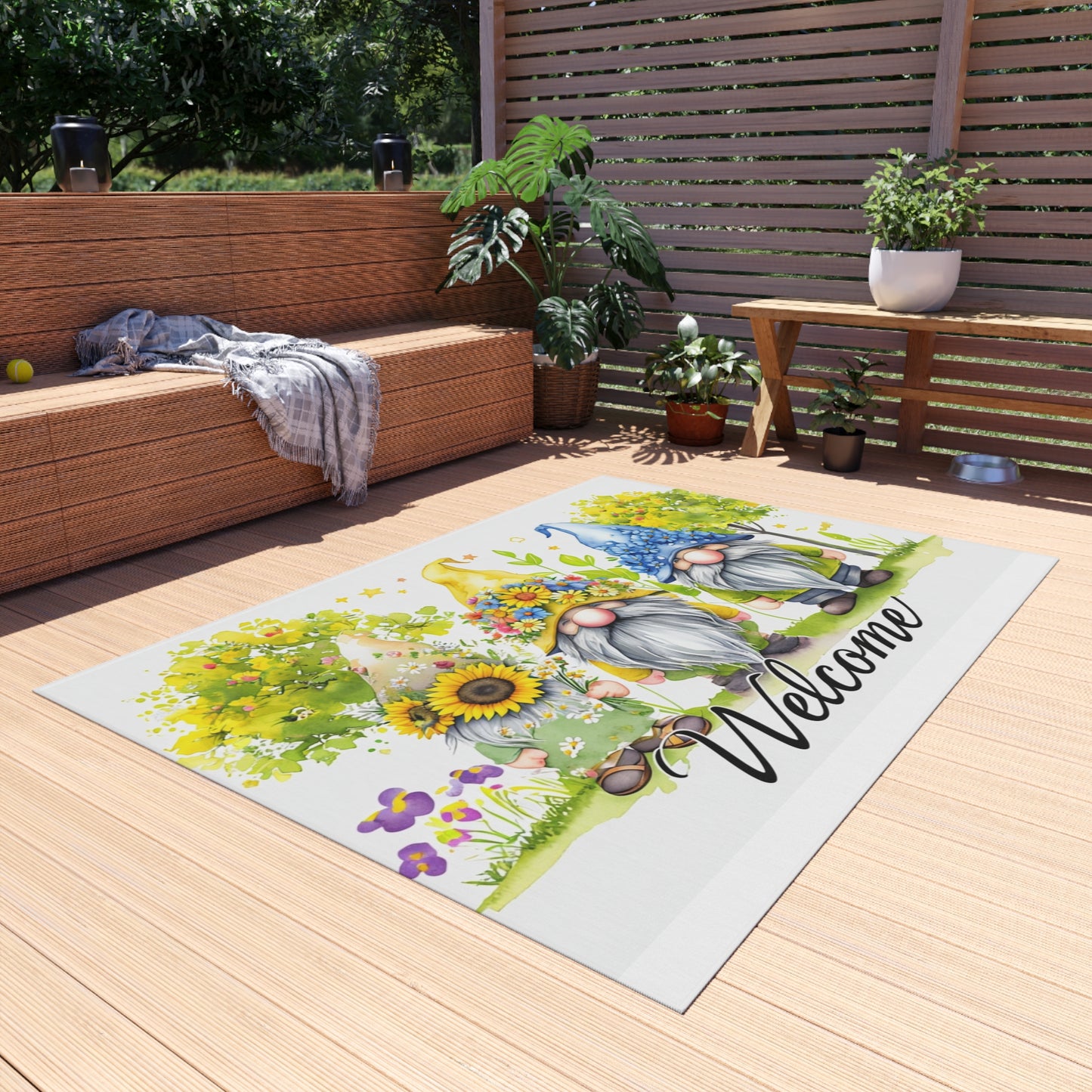 Summer Floral Welcome Gnome Outdoor Rug