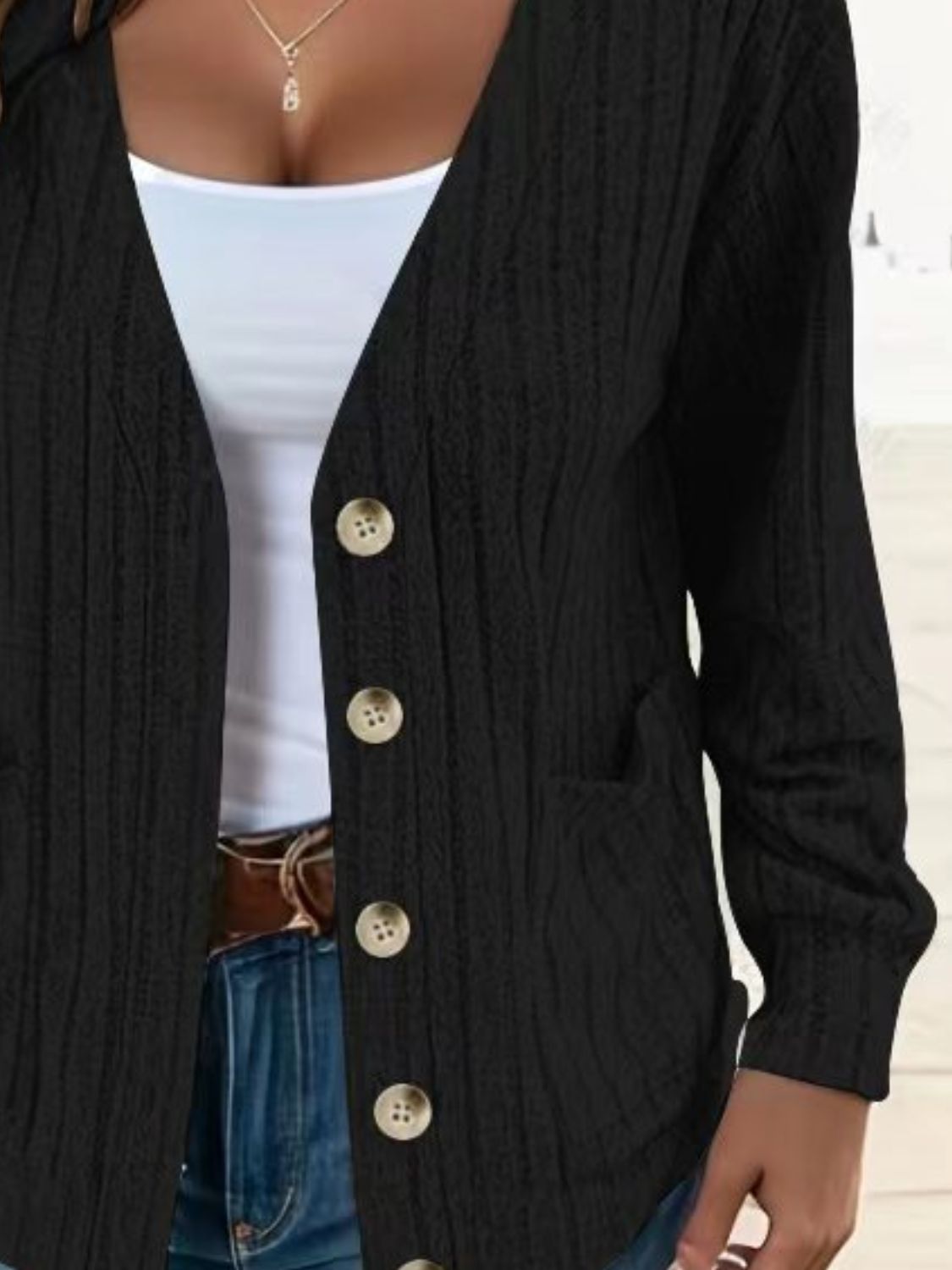 Button Up V-Neck Long Sleeve Cardigan