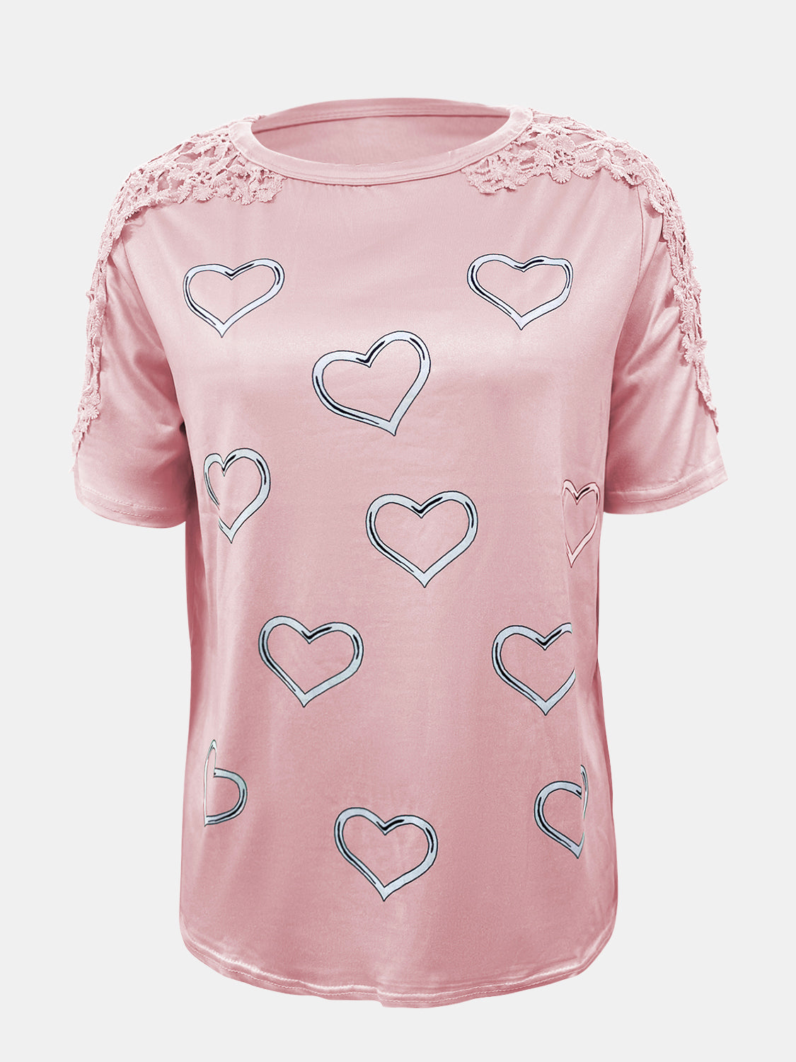Lace Detail Heart Round Neck Short Sleeve Top