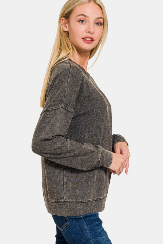 Washed Round Neck Dropped Shoulder Sweatshirt