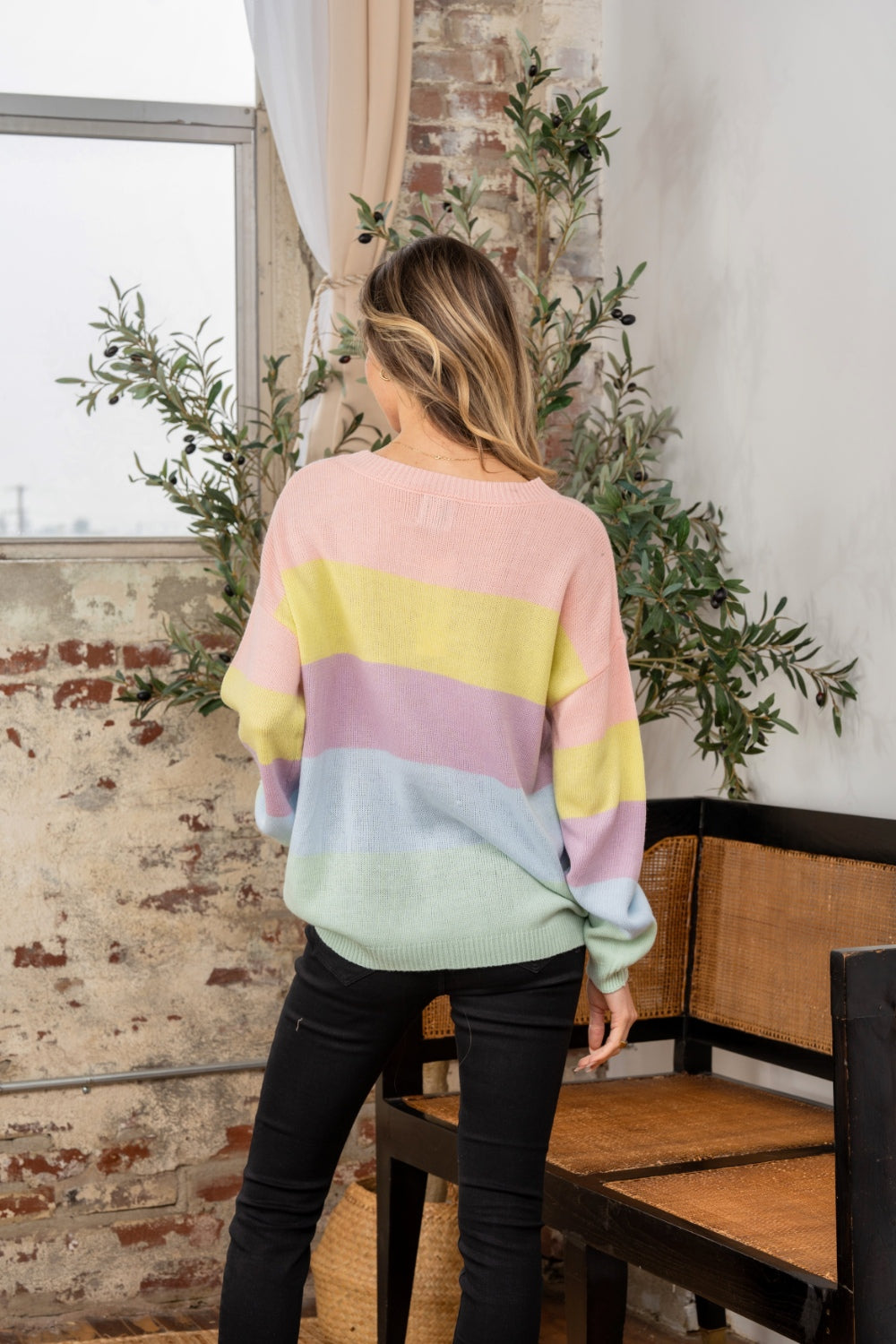 Color Block Round Neck Dropped Shoulder Sweater