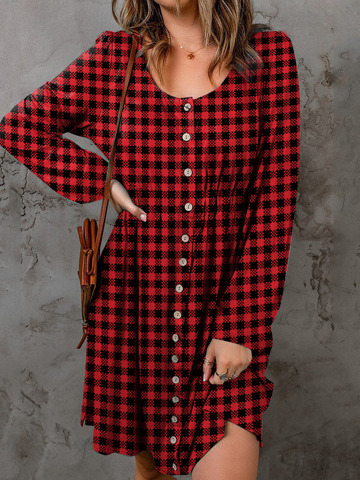 Plaid Round Neck Long Sleeve Magic Dress