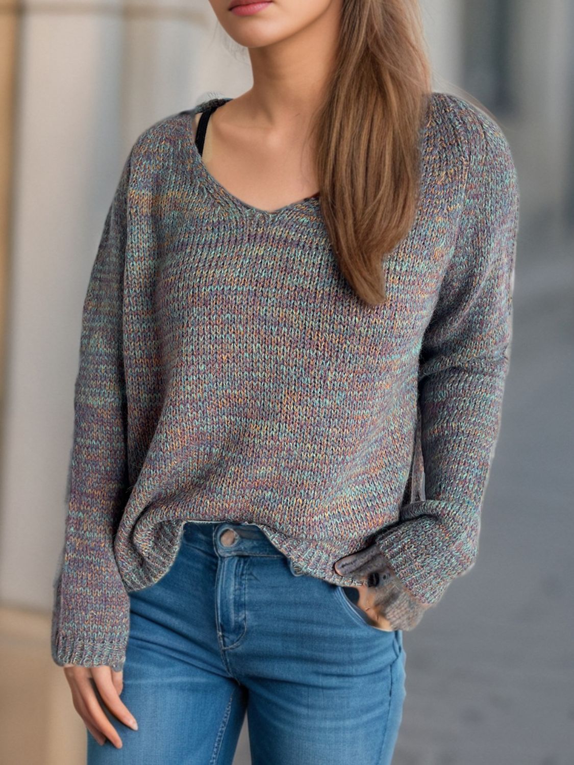 Fall Favorite Heathered V-Neck Long Sleeve Sweater