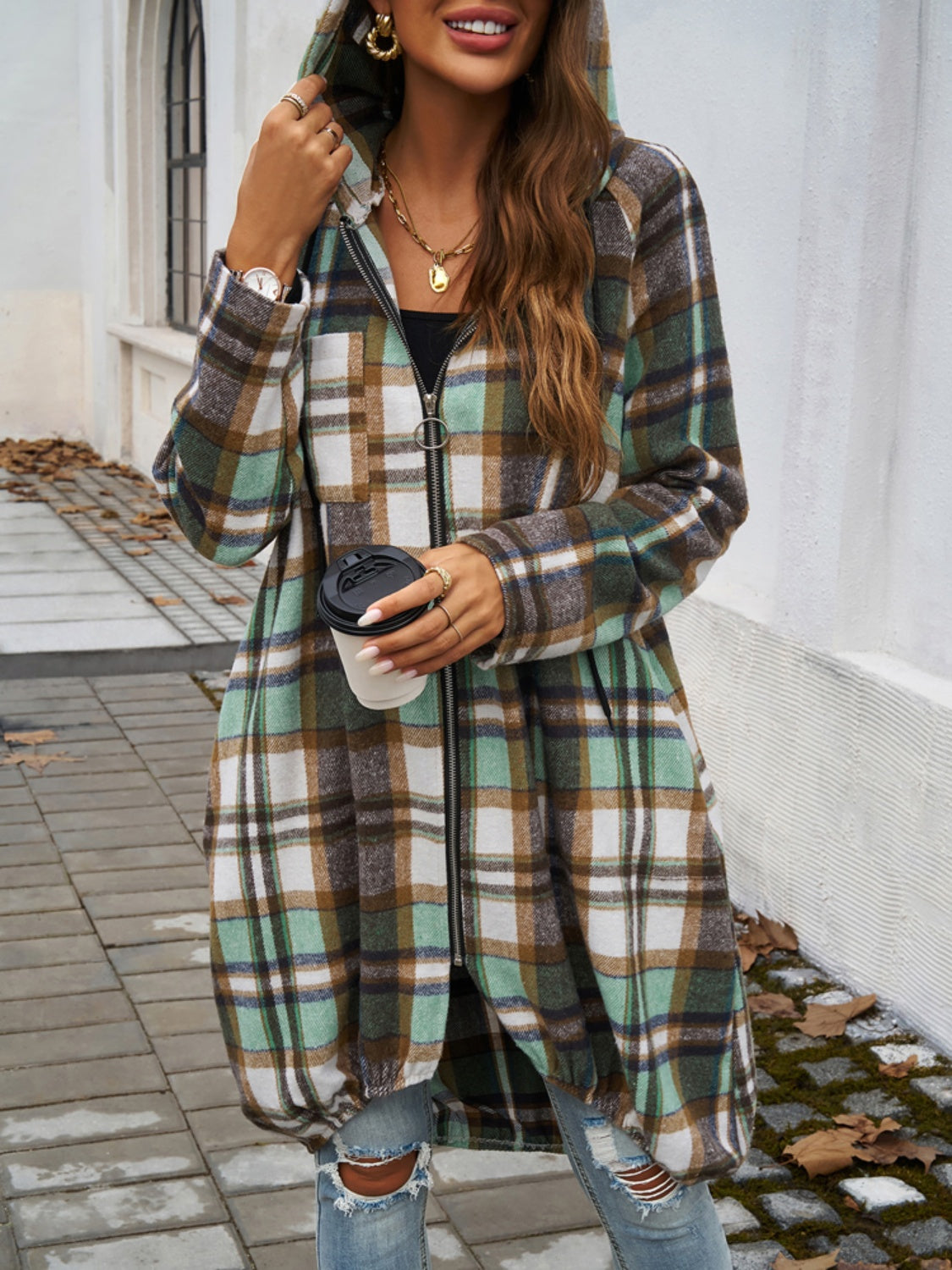 Plaid Zip Up Hooded Top