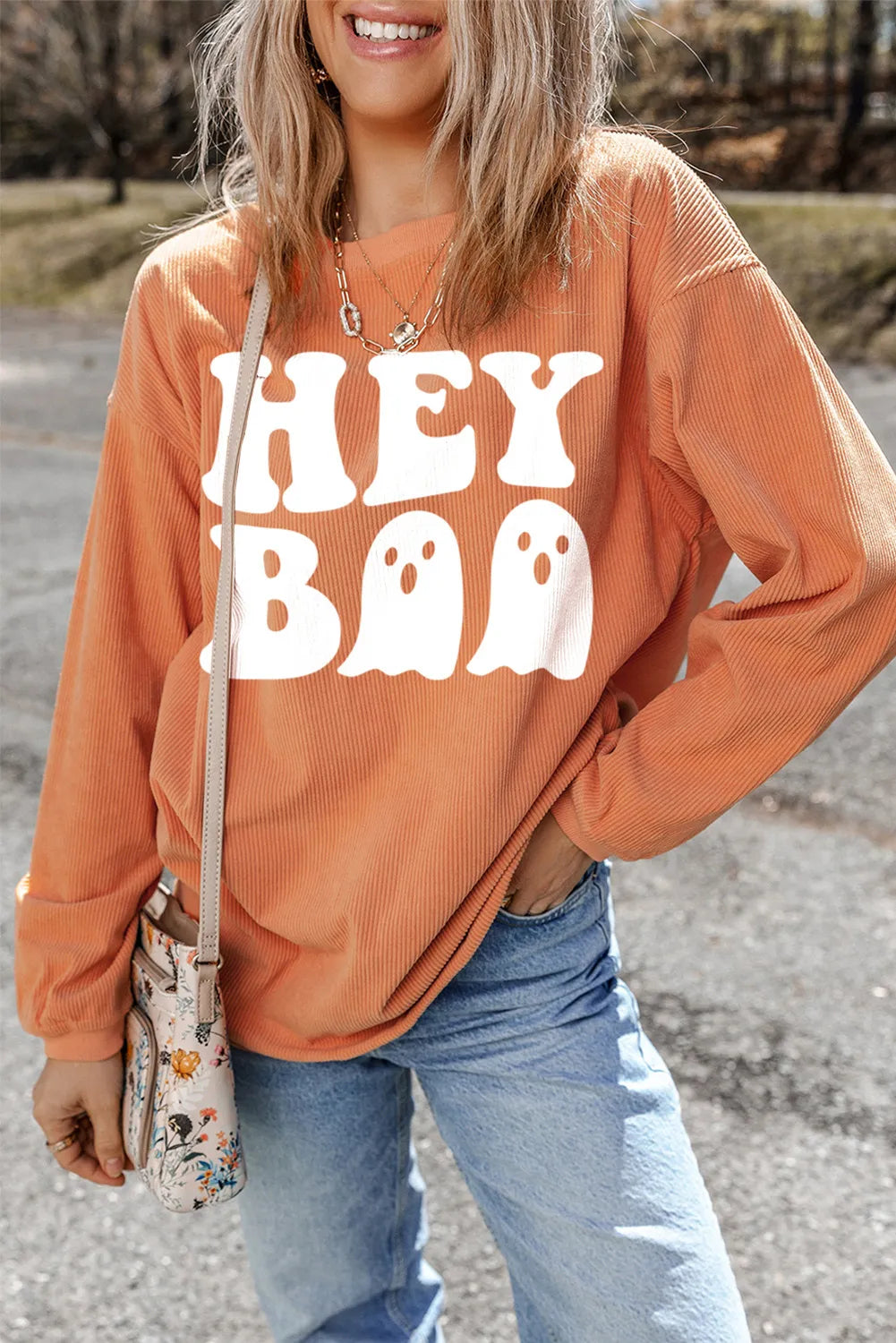 Hey Boo Graphic Round Neck Long Sleeve Sweatshirt