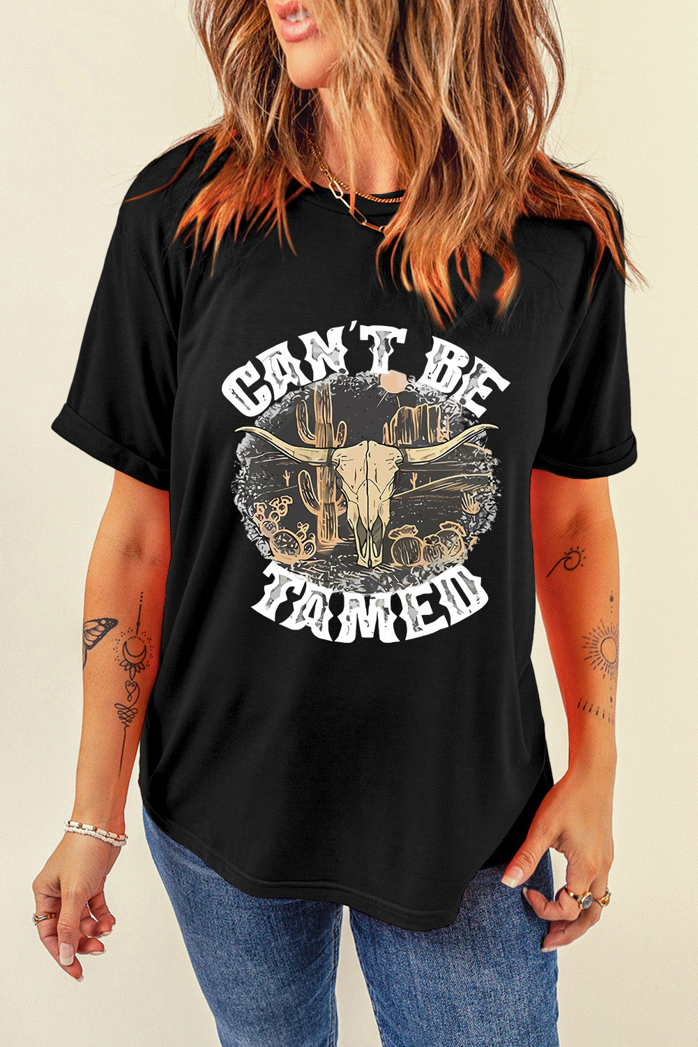 CAN'T BE TAMED Graphic Round Neck Short Sleeve T-Shirt