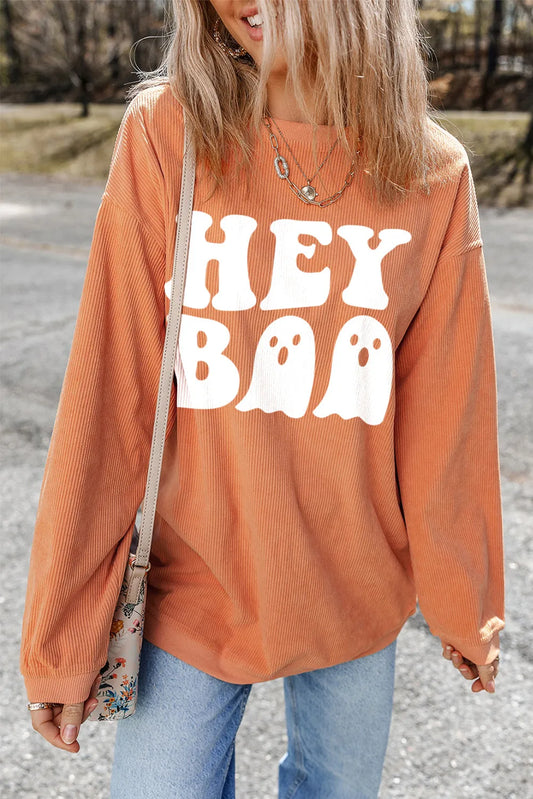 Hey Boo Graphic Round Neck Long Sleeve Sweatshirt