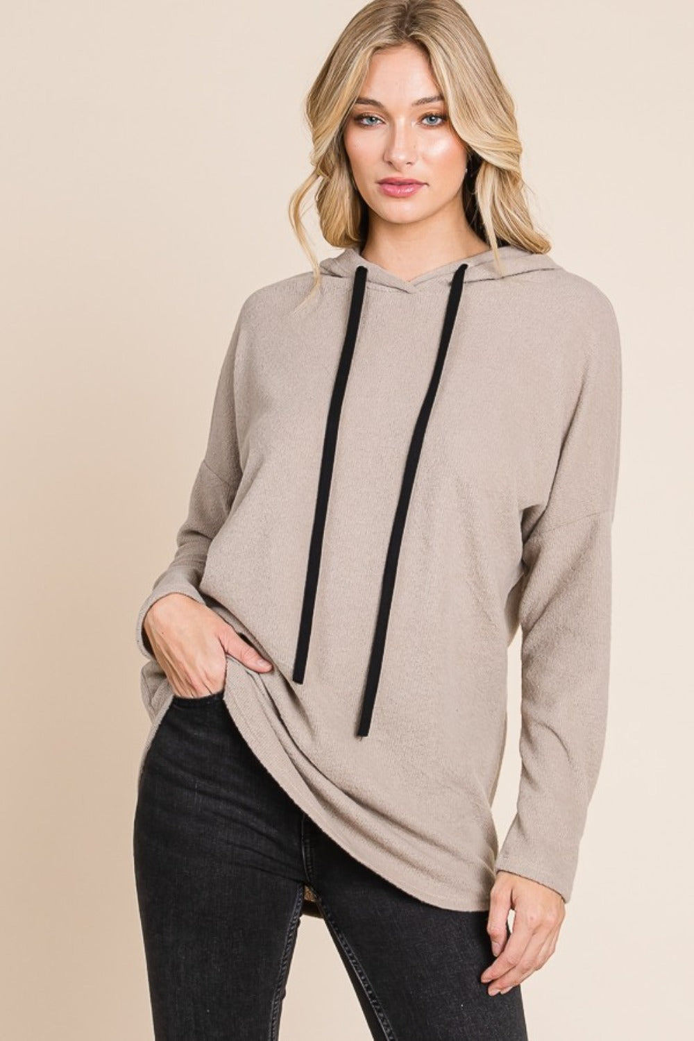 Contrast Drawstring Drop Shoulder Knit Hoodie - Taupe