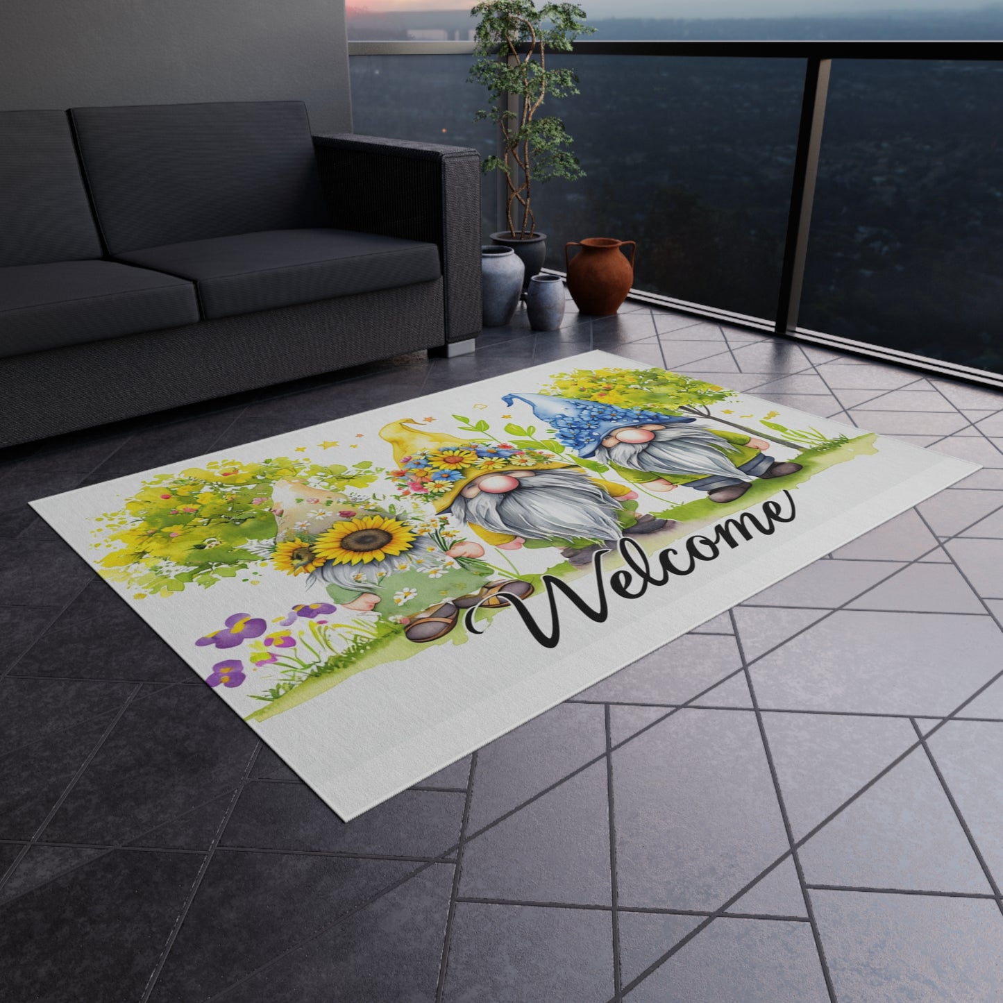 Summer Floral Welcome Gnome Outdoor Rug