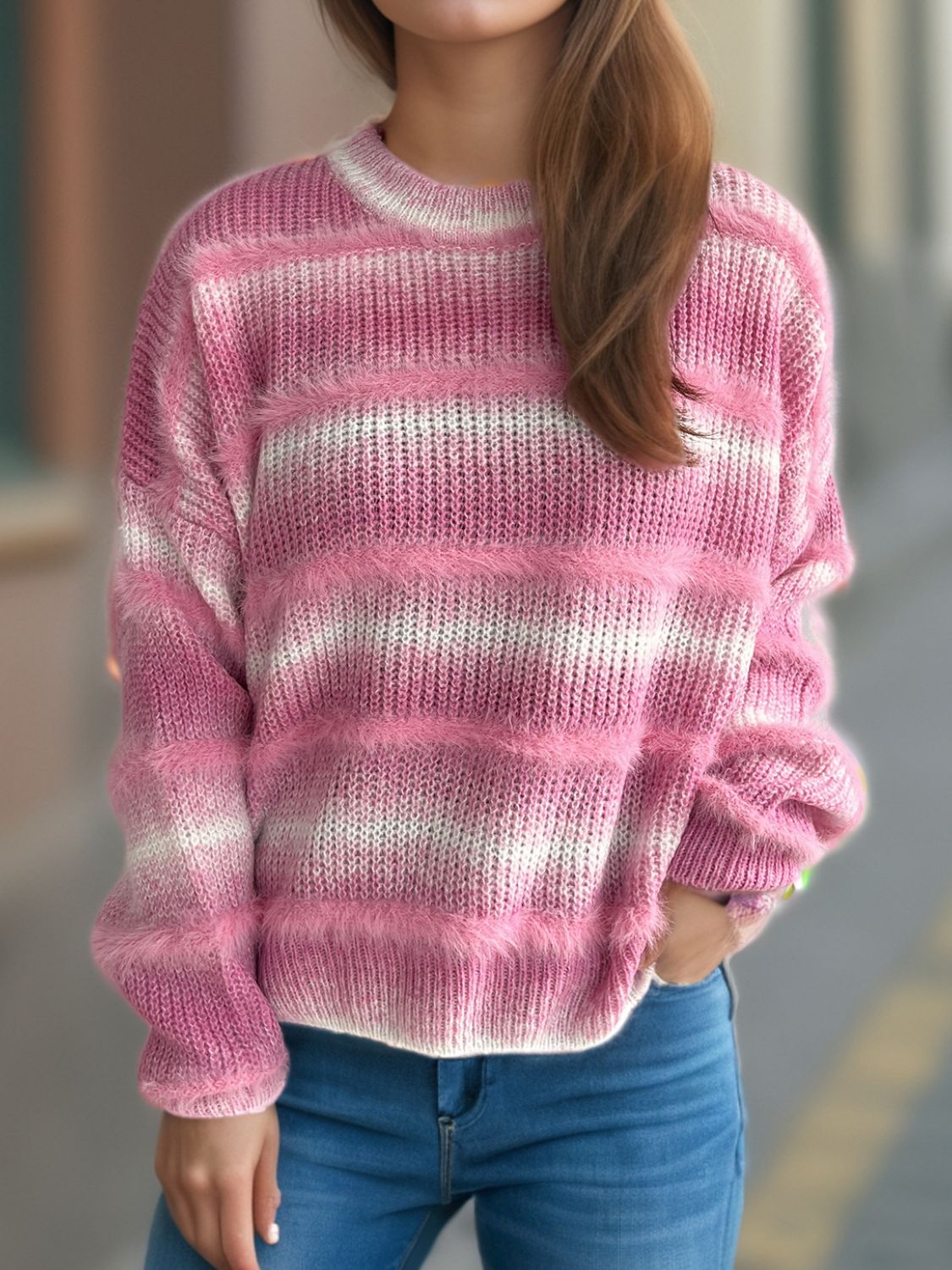 Out of Focus Gradient Round Neck Dropped Shoulder Sweater