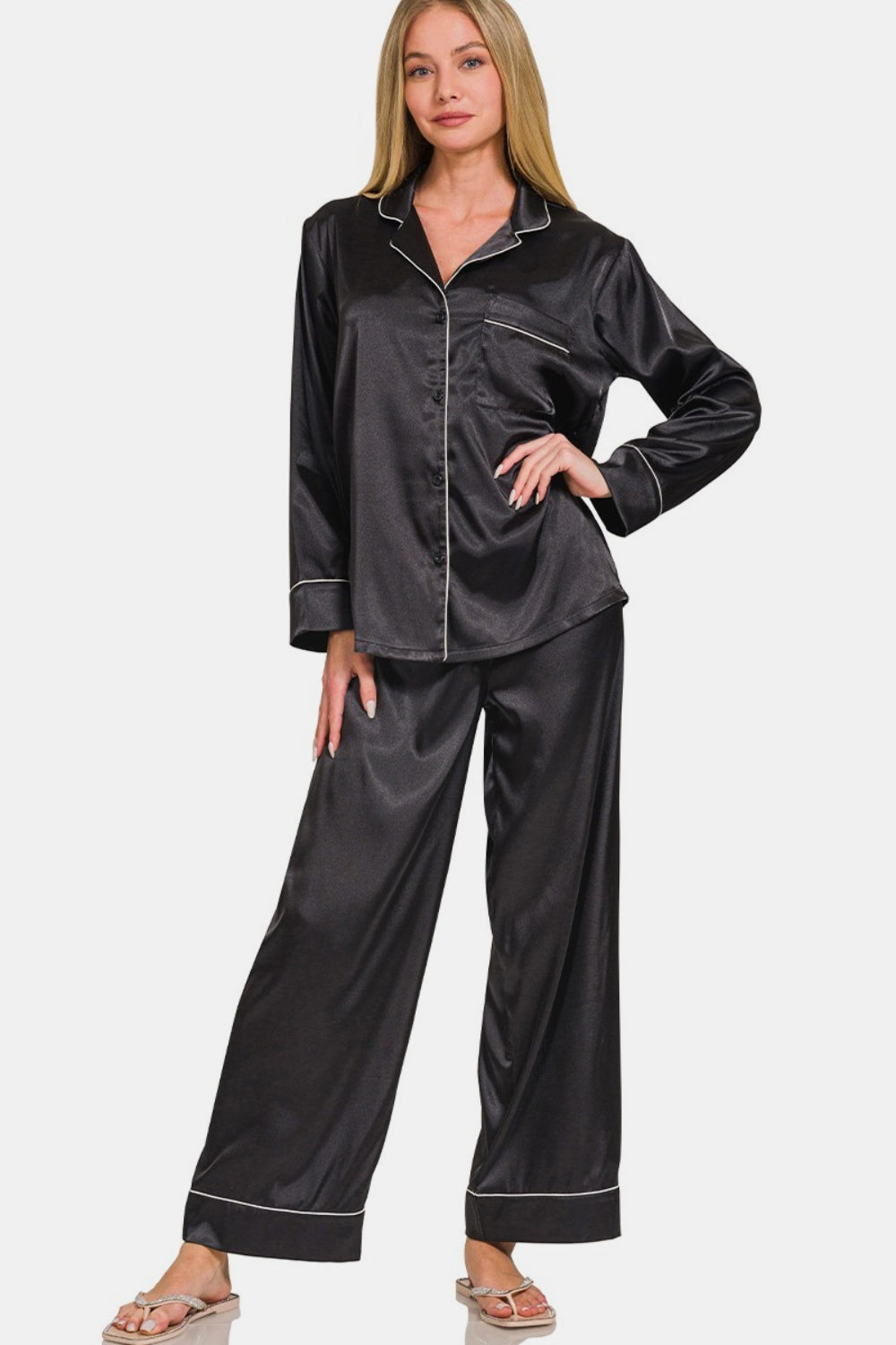 Satin Long Sleeve Shirt and Pants Pajama Set