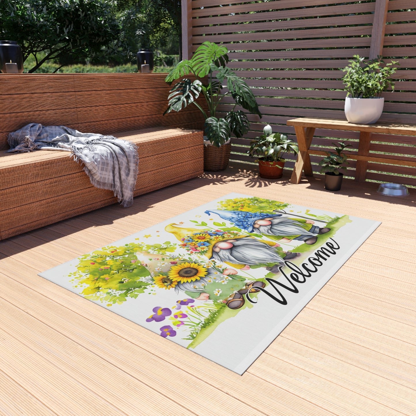 Summer Floral Welcome Gnome Outdoor Rug