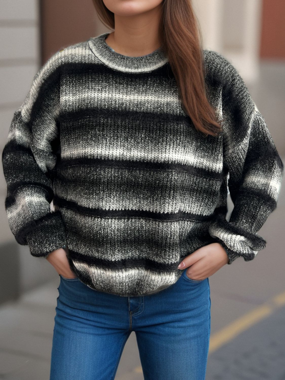 Out of Focus Gradient Round Neck Dropped Shoulder Sweater