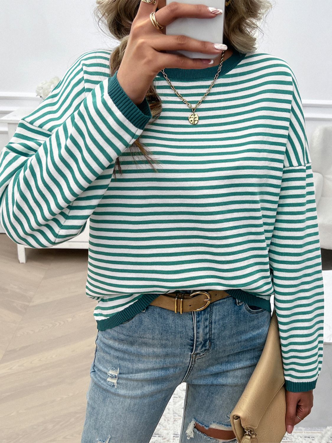 Striped Round Neck Dropped Shoulder Sweater