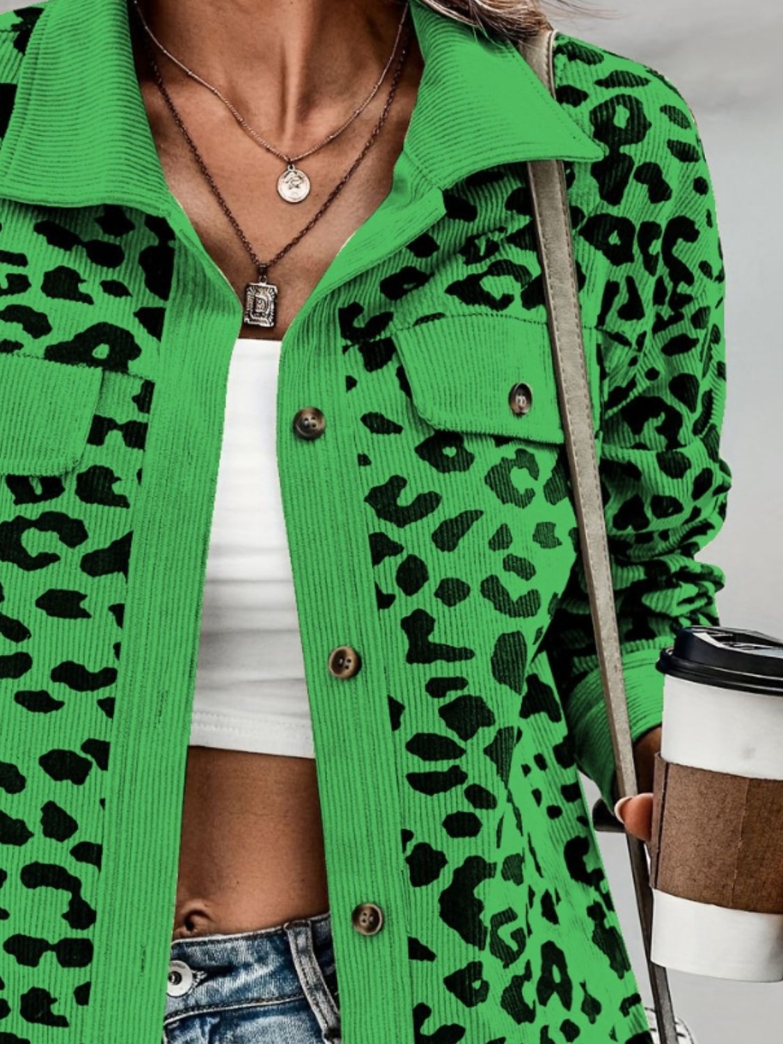 Leopard Collared Neck Button Up Long Sleeve