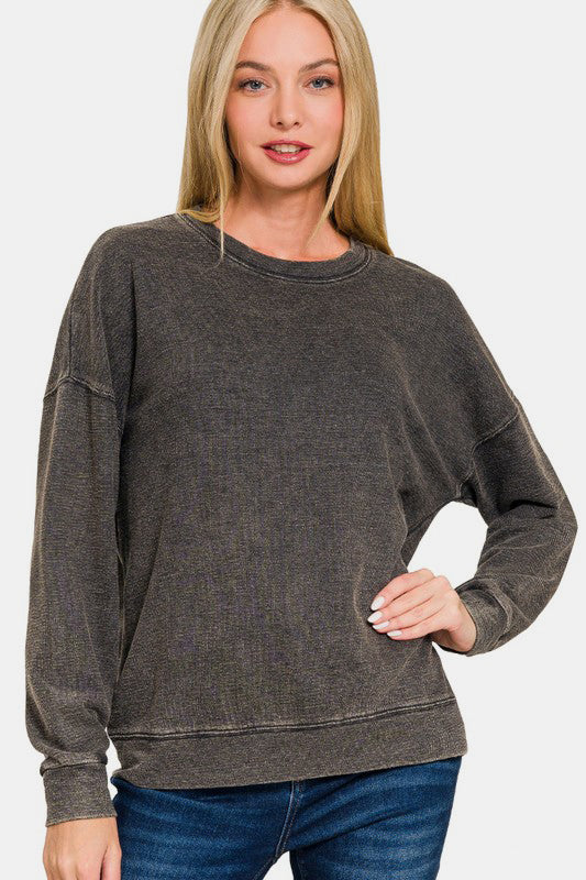 Washed Round Neck Dropped Shoulder Sweatshirt