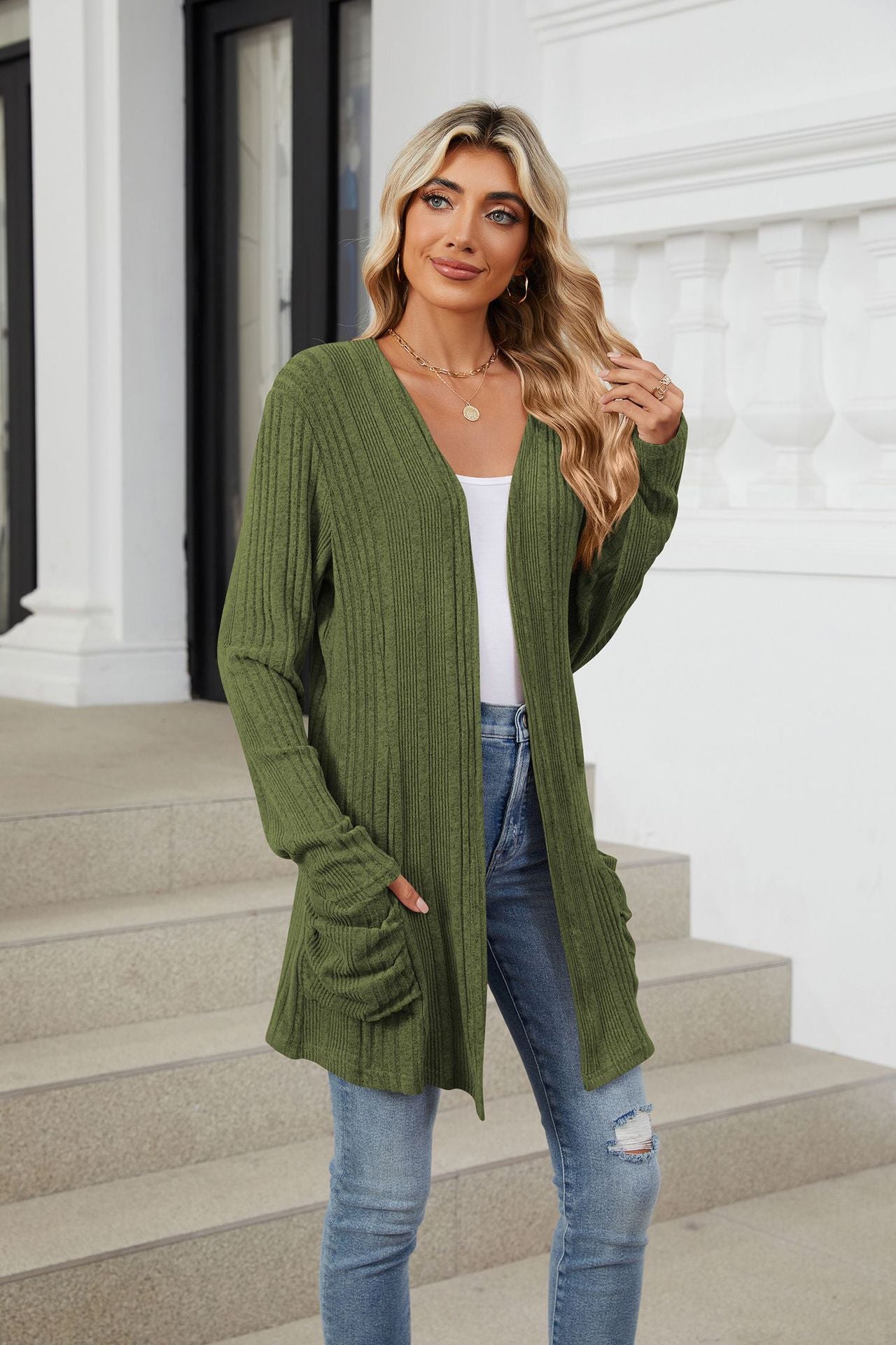 Pocketed Open Front Long Sleeve Cardigan