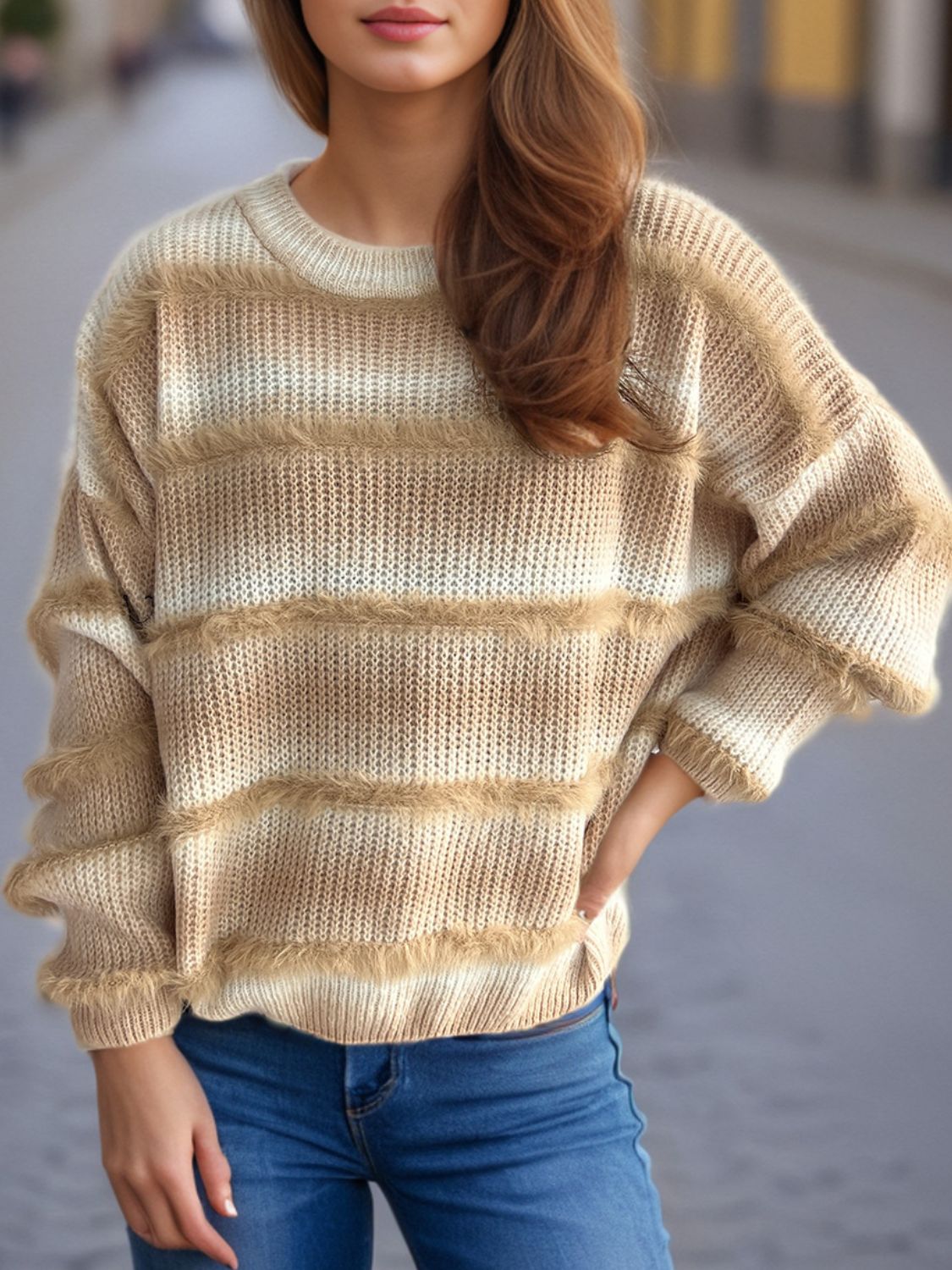 Out of Focus Gradient Round Neck Dropped Shoulder Sweater