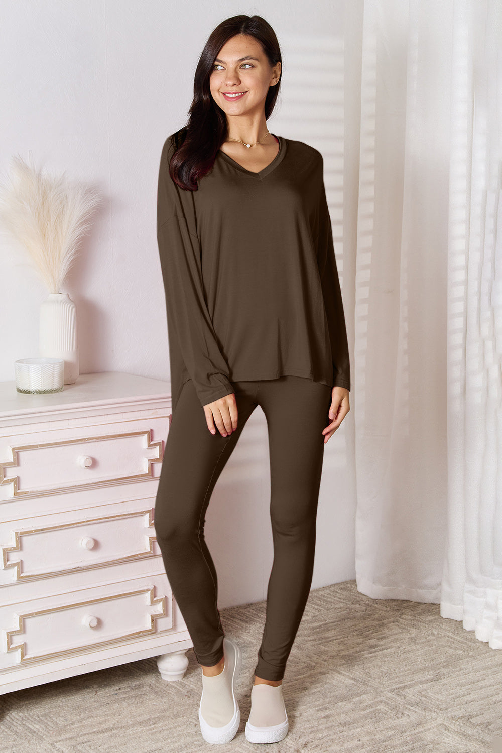 Bamboo V-Neck Long Sleeve Top and Pants Lounge Set