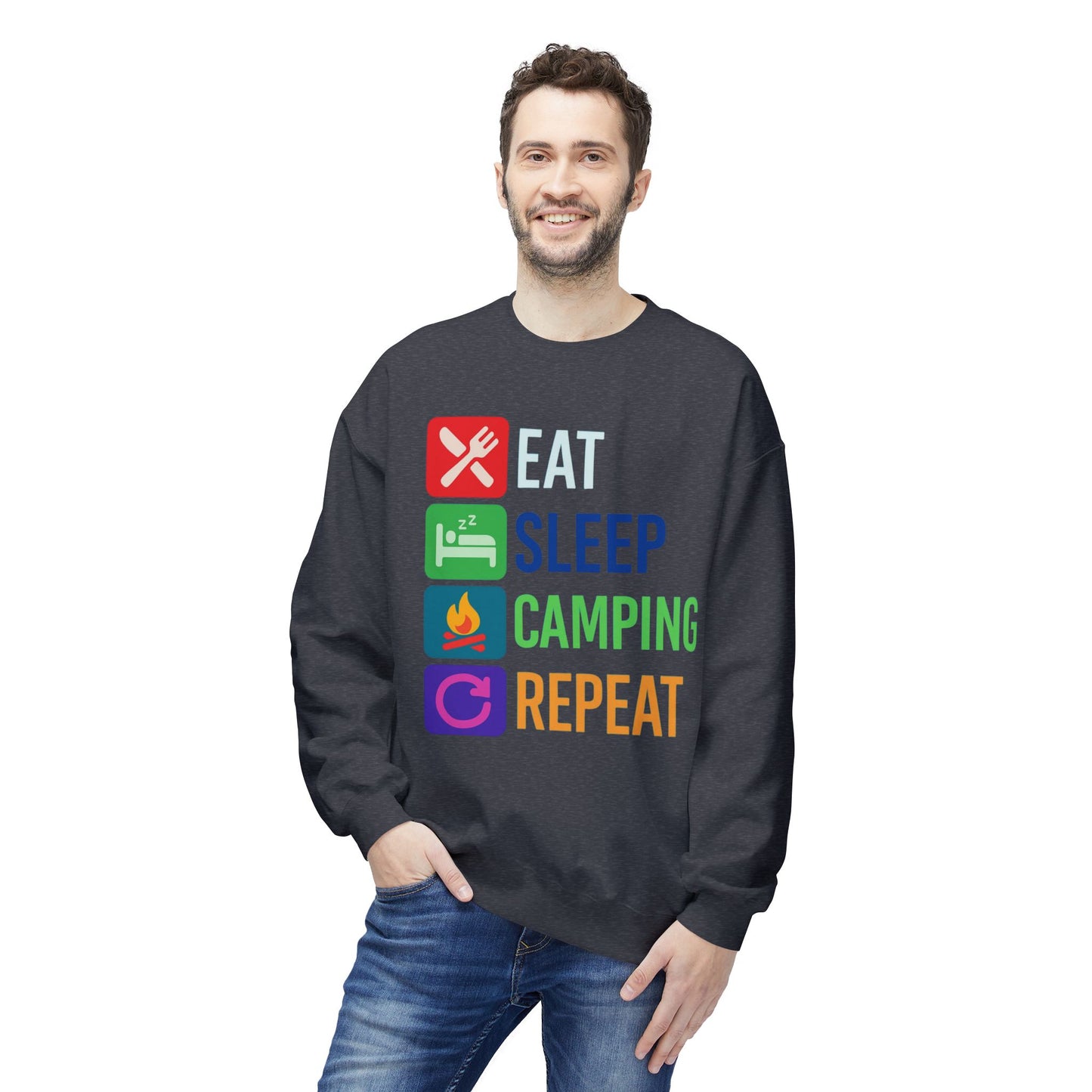 Eat Sleep Camping Repeat Unisex Softstyle Fleece Crewneck