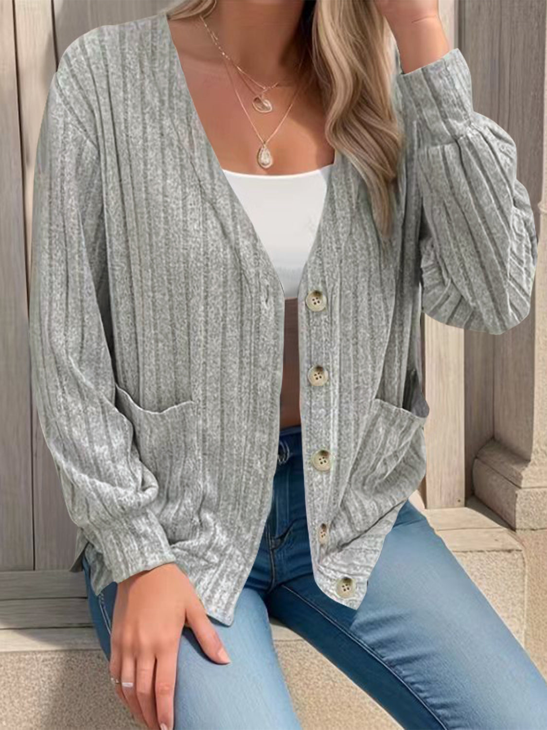 Button Up V-Neck Long Sleeve Cardigan