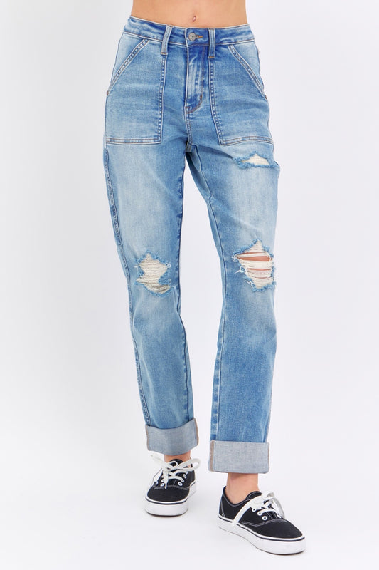 Sonja Distressed Straight Jeans with Patch Pockets